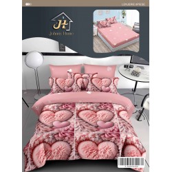 Set Lenjerie Pat Dublu 6 Piese cu Cearșaf cu Elastic din Bumbac Finet – Model Inimi Pufoase, Roz Pastel, LDE-044