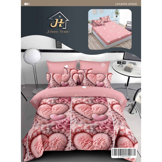 Set Lenjerie Pat Dublu 6 Piese cu Cearșaf cu Elastic din Bumbac Finet – Model Inimi Pufoase, Roz Pastel, LDE-044 Lenjerii Finet 6 piese cu ELASTIC