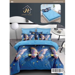 Set Lenjerie Pat Dublu 6 Piese cu Cearșaf cu Elastic din Bumbac Finet – Model Fluturi Stelari, Albastru, LDE-029