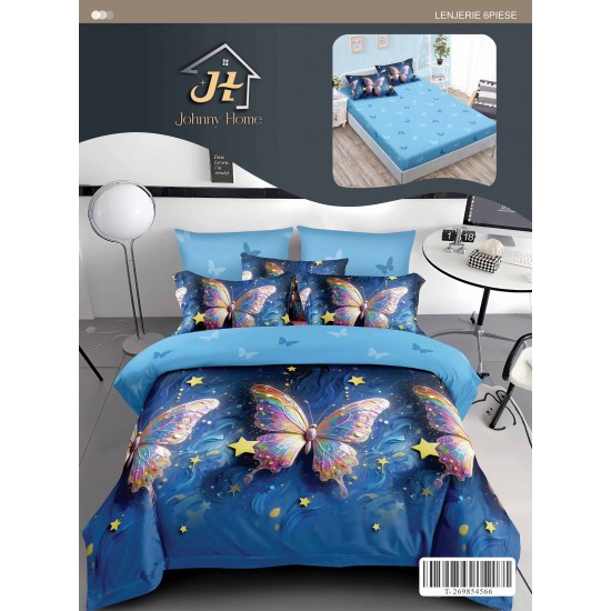 Set Lenjerie Pat Dublu 6 Piese cu Cearșaf cu Elastic din Bumbac Finet – Model Fluturi Stelari, Albastru, LDE-029 Lenjerii Finet 6 piese cu ELASTIC