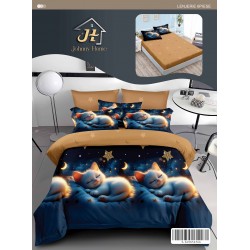 Set Lenjerie Pat Dublu 6 Piese cu Cearșaf cu Elastic din Bumbac Finet – Model Pisicuță Nocturnă, Albastru și Bej, LDE-082