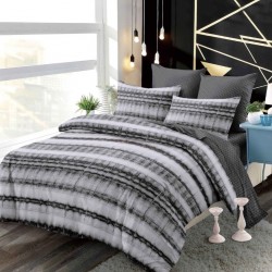 Set Lenjerie Pat Dublu 6 Piese cu Cearșaf cu Elastic, Bumbac Finet – Model Dungi Abstracte, Gri și Alb, LDE-008