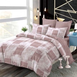 Set Lenjerie Pat Dublu 6 Piese cu Cearșaf cu Elastic, Bumbac Finet – Model Carouri Elegante, Roz Pudrat și Bej, LDE-014
