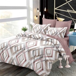 Set Lenjerie Pat Dublu 6 Piese cu Cearșaf cu Elastic, Bumbac Finet – Model Geometric, Alb cu Roz Pudrat și Bej, LDE-063