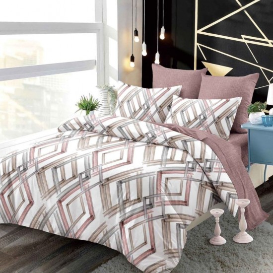 Set Lenjerie Pat Dublu 6 Piese cu Cearșaf cu Elastic, Bumbac Finet – Model Geometric, Alb cu Roz Pudrat și Bej, LDE-063 Lenjerii Finet 6 piese cu ELASTIC