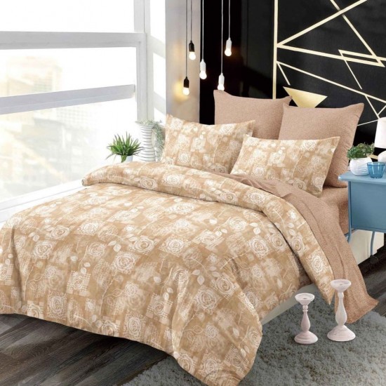 Set Lenjerie Pat Dublu 6 Piese cu Cearșaf cu Elastic din Bumbac Finet – Model Floral Elegant, Bej și Crem, LDE-034 Lenjerii Finet 6 piese cu ELASTIC