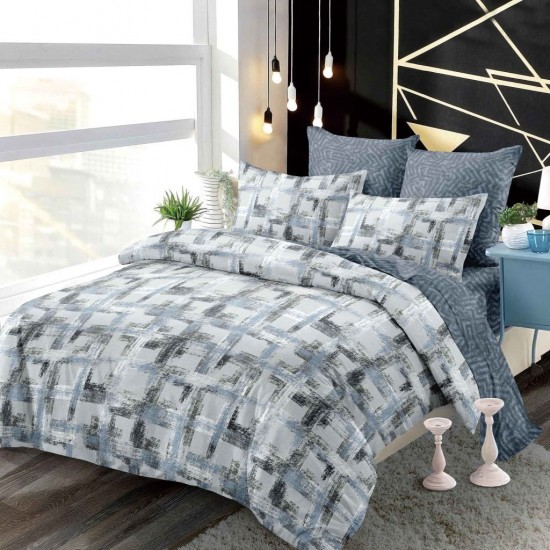Set Lenjerie Pat Dublu 6 Piese cu Cearșaf cu Elastic din Bumbac Finet – Model Geometric Modern, Albastru și Gri, LDE-035 Lenjerii Finet 6 piese cu ELASTIC