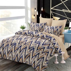 Set Lenjerie Pat Dublu 6 Piese cu Cearșaf cu Elastic din Bumbac Finet – Model Zig-Zag, Albastru, Bej și Auriu, LDE-161