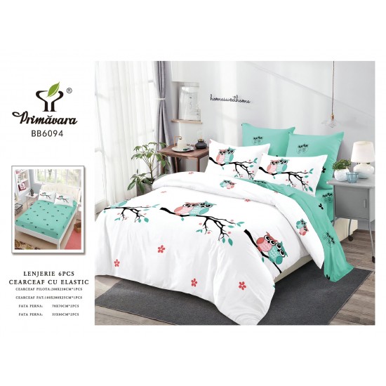 Set Lenjerie Pat Dublu 6 Piese cu Cearșaf cu Elastic din Finet – Model Bufnițe, Alb și Verde Mentă, LDE-158 Lenjerii Finet 6 piese cu ELASTIC