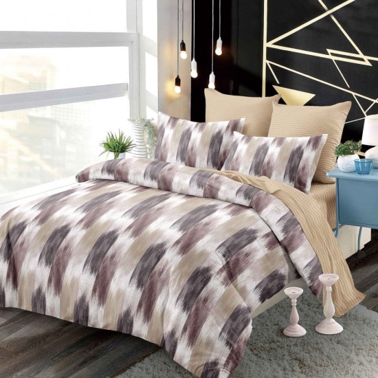 Set Lenjerie Pat Dublu 6 Piese cu Cearșaf cu Elastic din Finet – Model Abstract Modern, Bej, Crem și Maro, LDE-159 Lenjerii Finet 6 piese cu ELASTIC