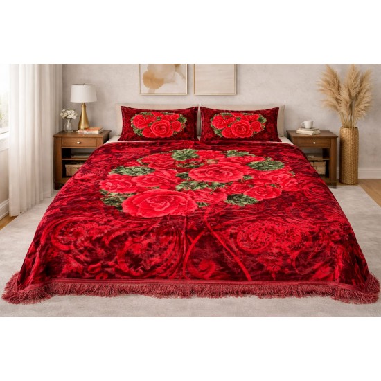 Set Pătură cu Cearșaf cu Franjuri și 2 Fețe de Pernă, Trandafiri Roșii, Pat Dublu 200x240 cm, PCM-027 Paturi Cocolino 3,5 kg cu Model