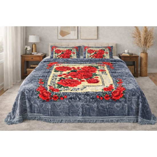 Set Pătură cu Cearșaf cu Franjuri și 2 Fețe de Pernă, Model Trandafiri, Pat Dublu 200x240 cm, PCM-055 Paturi Cocolino 3,5 kg cu Model