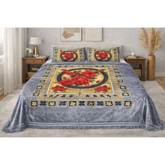 Set Pătură cu Cearșaf cu Franjuri și 2 Fețe de Pernă, Trandafiri Roșii, Pat Dublu 200x240 cm, PCM-056 Paturi Cocolino 3,5 kg cu Model