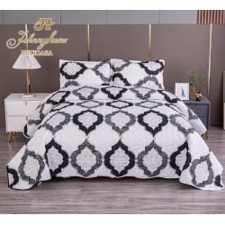 Cuvertură Pat Dublu din Bumbac Satinat cu 2 Fețe de Pernă – Model Geometric Elegant Alb-Negru, OCT-040