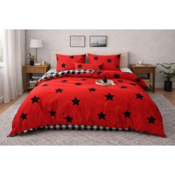 Lenjerie de Pat Dublu 4 Piese din Bumbac Satinat Superior – Model Stele, Roșu cu Negru, LDBS-275