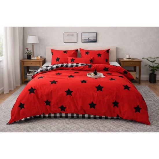 Lenjerie de Pat Dublu 4 Piese din Bumbac Satinat Superior – Model Stele, Roșu cu Negru, LDBS-275 3 lenjerii la 199 lei