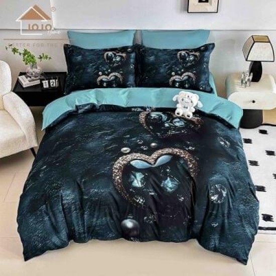 Lenjerie de Pat Dublu 6 Piese 5D cu Cearșaf cu Elastic – Model Inimi Strălucitoare, Albastru & Turcoaz, LFL-096 Lenjerii Finet Premium Lux