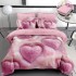 Lenjerie de Pat 4 Piese 5D cu Cearșaf cu Elastic, Model Inimi Pufoase Roz, Pat Dublu – Design Romantic, LFL-097