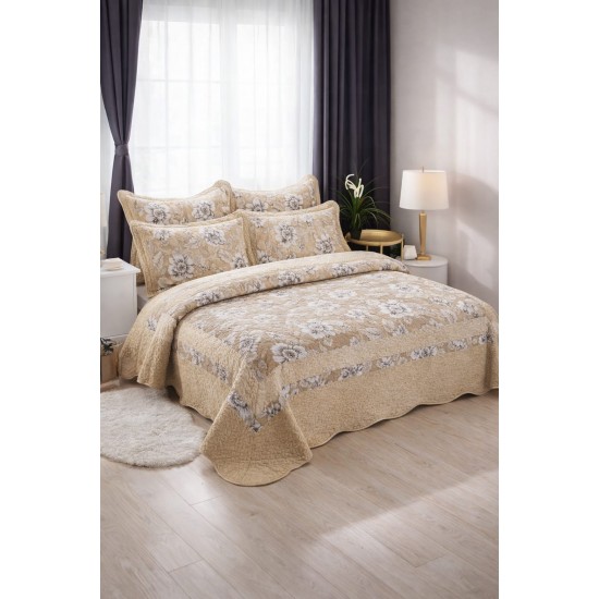 Cuvertură Pat Dublu 5 Piese – Model Floral Elegant, Bej, CJM-010 Cuverturi Catifea 5 piese