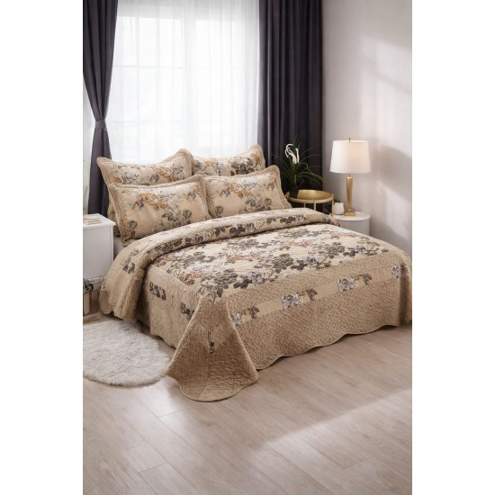 Cuvertură Pat Dublu 5 Piese, Model Floral Bej, Design Elegant, CJM-011 Cuverturi Catifea 5 piese