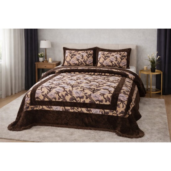 Cuvertură Pat Dublu 5 Piese, Model Floral Elegant, Tonuri Bej și Maro, CJM-012 Cuverturi Catifea 5 piese