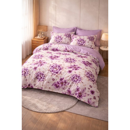 Lenjerie de Pat Dublu 4 Piese din Bumbac Satinat Superior – Model Floral Mov Elegant, LDBS-276 3 lenjerii la 199 lei