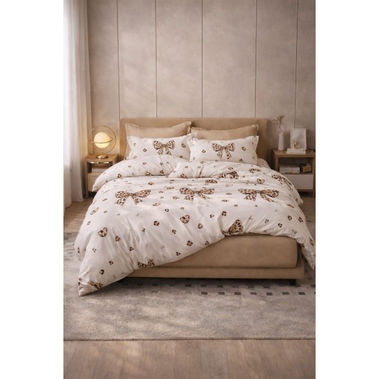 Lenjerie de Pat Dublu 4 Piese din Bumbac Satinat Superior – Model Crem cu Fundițe Elegante, LDBS-325 3 lenjerii la 199 lei
