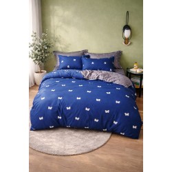 Lenjerie de Pat Dublu 4 Piese din Bumbac Satinat Superior – Model Bleumarin cu Fluturași Albi, LDBS-112