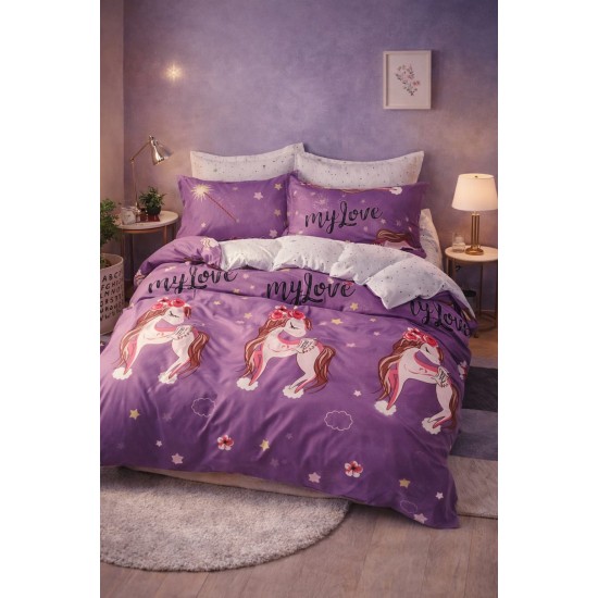 Lenjerie de Pat Dublu 4 Piese din Bumbac Satinat Superior – Model Unicorn Mov, LDBS-148 3 lenjerii la 199 lei