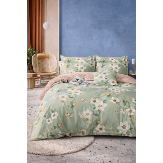 Lenjerie de Pat Dublu 4 Piese din Bumbac Satinat Superior – Model Verde cu Flori Albe, LDBS-199 3 lenjerii la 199 lei