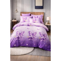 Lenjerie de Pat Dublu 4 Piese din Bumbac Satinat Superior – Model Mov cu Fluturi și Trandafiri, LDBS-158