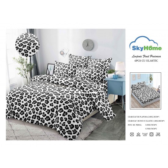 Lenjerie Pat Dublu Finet 4 Piese cu Elastic – Model Animal Print Alb-Negru, LDE-151 Lenjerii Finet 4 piese cu ELASTIC