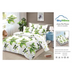 Lenjerie Pat Dublu Finet 4 Piese cu Elastic – Model Fluturi Verzi cu Frunze, LDE-148