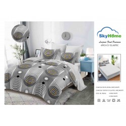 Lenjerie Pat Dublu Finet 4 Piese cu Elastic – Model Cercuri Gri Modern cu Accente Aurii, LDE-145