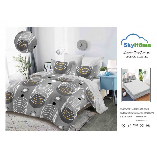 Lenjerie Pat Dublu Finet 4 Piese cu Elastic – Model Cercuri Gri Modern cu Accente Aurii, LDE-145 Lenjerii Finet 4 piese cu ELASTIC