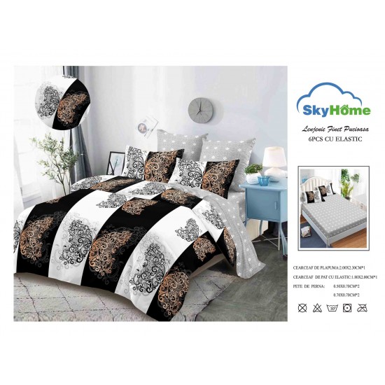 Lenjerie Pat Dublu Finet 4 Piese cu Elastic – Model Elegant Negru-Alb cu Accente Aurii, LDE-143 Lenjerii Finet 4 piese cu ELASTIC
