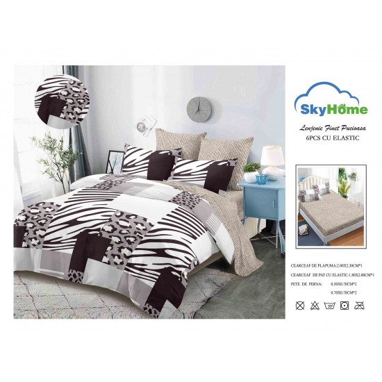 Lenjerie Pat Dublu Finet 4 Piese cu Elastic – Model Animal Print Maro-Bej Modern, LDE-144 Lenjerii Finet 4 piese cu ELASTIC