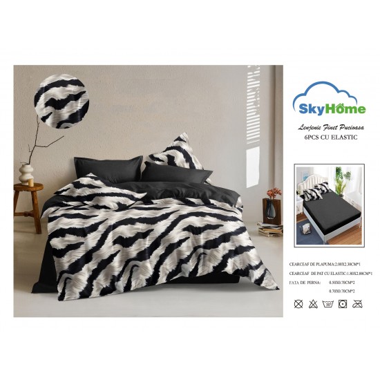 Lenjerie Pat Dublu Finet 4 Piese cu Elastic – Model Zebra Alb-Negru Modern, LDE-142 Lenjerii Finet 4 piese cu ELASTIC