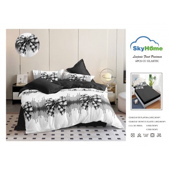 Lenjerie Pat Dublu Finet 4 Piese cu Elastic – Model Fundițe Alb Negru, LDE-141 Lenjerii Finet 4 piese cu ELASTIC