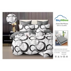 Lenjerie Pat Dublu Finet 4 Piese cu Elastic – Model Cercuri Abstracte Alb Gri, LDE-140