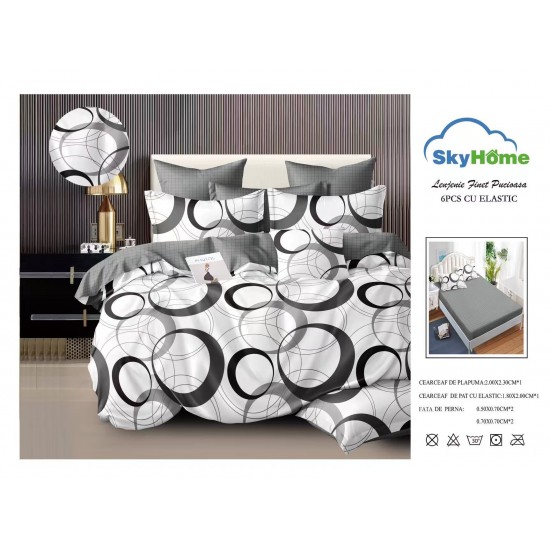 Lenjerie Pat Dublu Finet 4 Piese cu Elastic – Model Cercuri Abstracte Alb Gri, LDE-140 Lenjerii Finet 4 piese cu ELASTIC