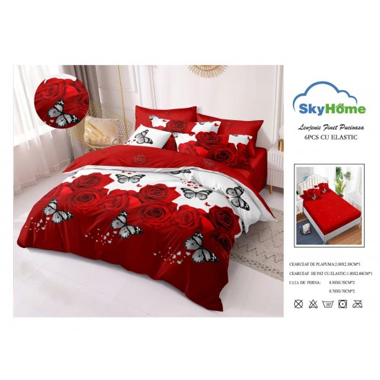 Lenjerie Pat Dublu Finet 4 Piese cu Elastic – Model Trandafiri Roșii și Fluturi, LDE-138 Lenjerii Finet 4 piese cu ELASTIC