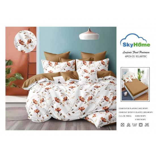 Lenjerie Pat Dublu Finet 4 Piese cu Elastic – Model Floral Maro-Cărămiziu pe Alb, LDE-137 Lenjerii Finet 4 piese cu ELASTIC