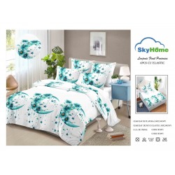 Lenjerie Pat Dublu Finet 4 Piese cu Elastic – Model Floral Turcoaz cu Lună și Stele, Alb Elegant, LDE-136