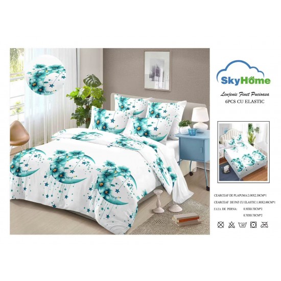 Lenjerie Pat Dublu Finet 4 Piese cu Elastic – Model Floral Turcoaz cu Lună și Stele, Alb Elegant, LDE-136 Lenjerii Finet 4 piese cu ELASTIC