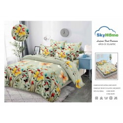 Lenjerie Pat Dublu Finet 4 Piese cu Elastic – Model Fluturi Galbeni pe Fundal Verde, LDE-131