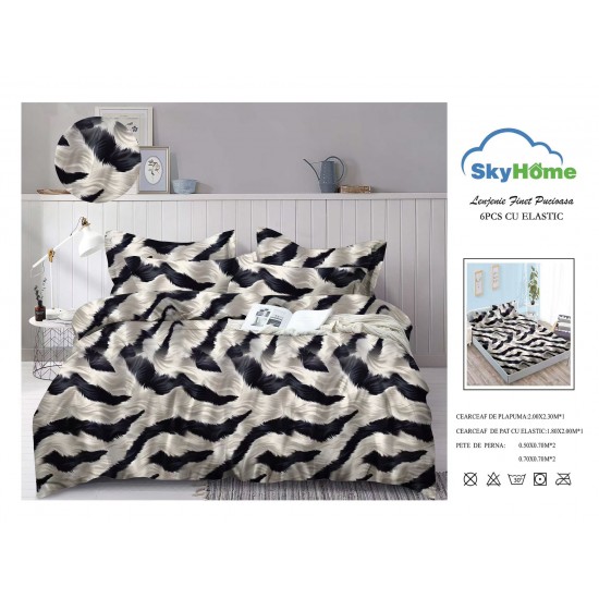 Lenjerie Pat Dublu Finet 4 Piese cu Elastic – Model Abstract Alb-Negru, LDE-130 Lenjerii Finet 4 piese cu ELASTIC