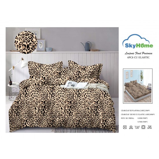 Lenjerie Pat Dublu Finet 4 Piese cu Elastic – Model Leopard Animal Print, LDE-129 Lenjerii Finet 4 piese cu ELASTIC