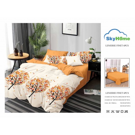 Lenjerie Pat Dublu Finet 6 Piese Crem și Portocaliu – Model Copac Decorativ de Toamnă, PP-PH-041 Pachet Promo