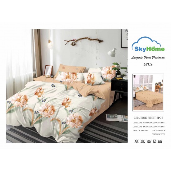 Lenjerie Pat Dublu Finet 6 Piese Crem și Bej – Model Floral Elegant cu Flori Mari, PH-034 Pachet Promo